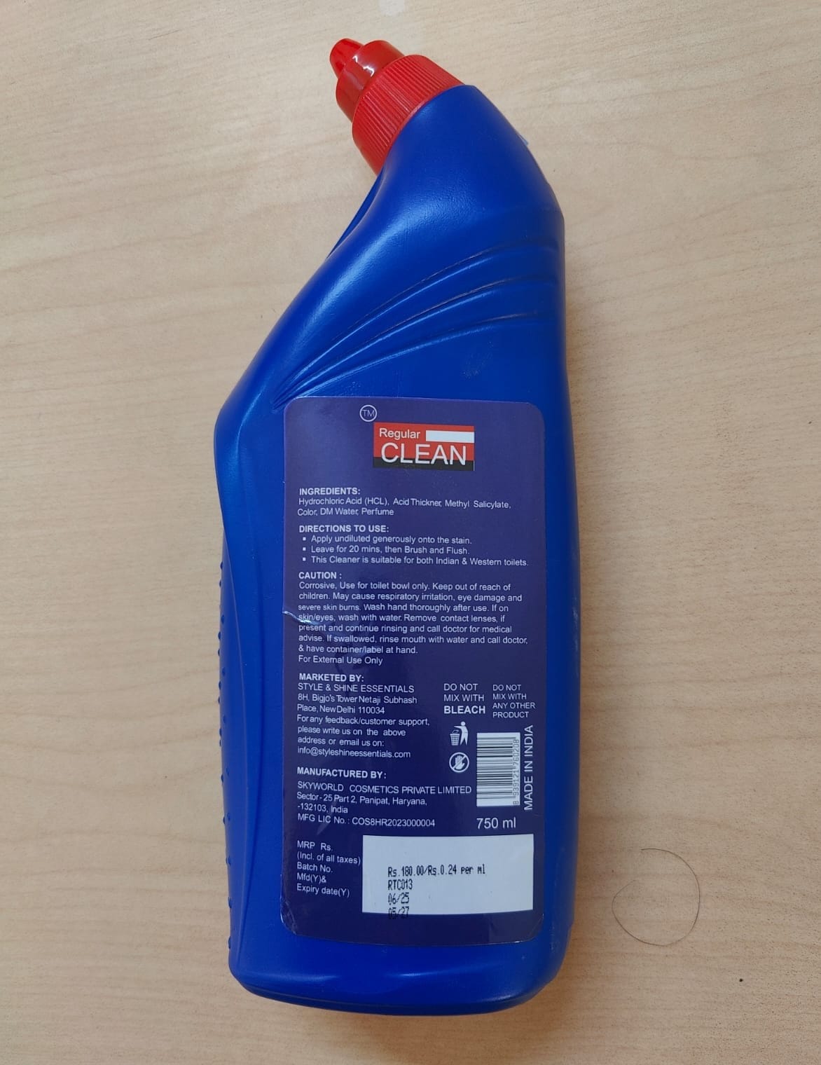REGULAR CLEAN Disinfectant Toilet Cleaner 750ml (Minimum Order : 9 Boxes - 18 pcs/Box) (45 Rs PCs)
