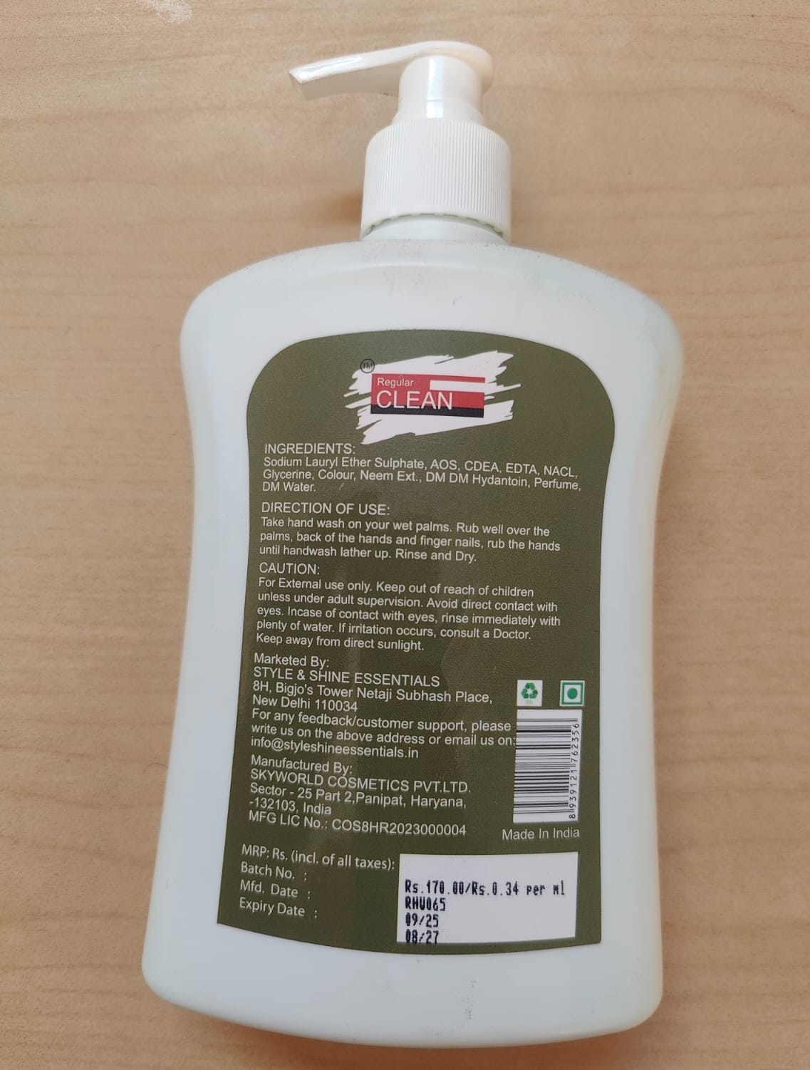 REGULAR CLEAN Lemon Hand Wash Liquid 500 ml (Minimum Order : 10 Boxes - 24 pcs/Box) (40 Rs/pcs)