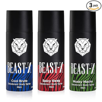 PureSense Beast - X Deodorant Body Spray (Spicy Swag + Musky Macho + Cool Brute) | For Men 450 ml (Pack of 3 ) (Minimum Order : 25 Boxes - 16 Pack of 3/ Box) (155 Rs/Pack of 3)