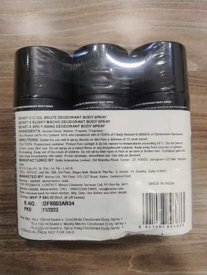 PureSense Beast - X Deodorant Body Spray (Spicy Swag + Musky Macho + Cool Brute) | For Men 450 ml (Pack of 3 ) (Minimum Order : 25 Boxes - 16 Pack of 3/ Box) (155 Rs/Pack of 3)