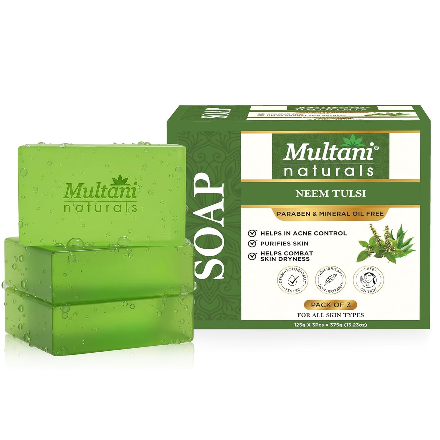 Multani Natural Neem Tulsi Soap (Pack of 3 (125gm each) | Ayurvedic Handmade Herbal Soap Bar with Neem, Tulsi & Glycerin (Minimum Order : 20 Boxes  - 40 Pack of 3/Box) (55 Rs/Pack Of 3)