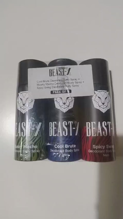PureSense Beast - X Deodorant Body Spray (Spicy Swag + Musky Macho + Cool Brute) | For Men 450 ml (Pack of 3 ) (Minimum Order : 25 Boxes - 16 Pack of 3/ Box) (155 Rs/Pack of 3)
